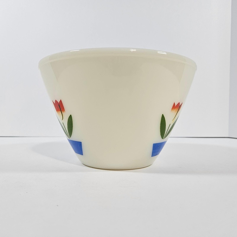 Fire-King Tulip Milk Glass Mixing Bowl Red Blue Flower Vintage Mid-Century 7.5" - Picture 2 of 9